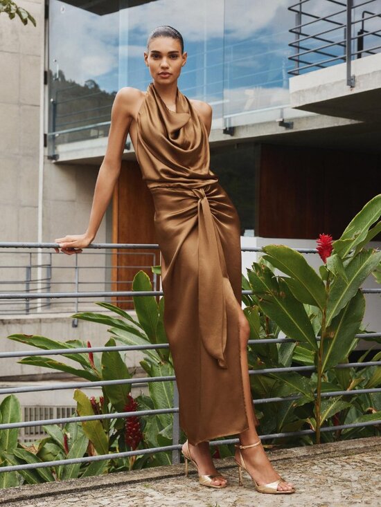 Zara Dresses & Skirts - ZARA Brown Satin Halter Midi Dress XS Open Back Slit Prom Party Wedding NWT